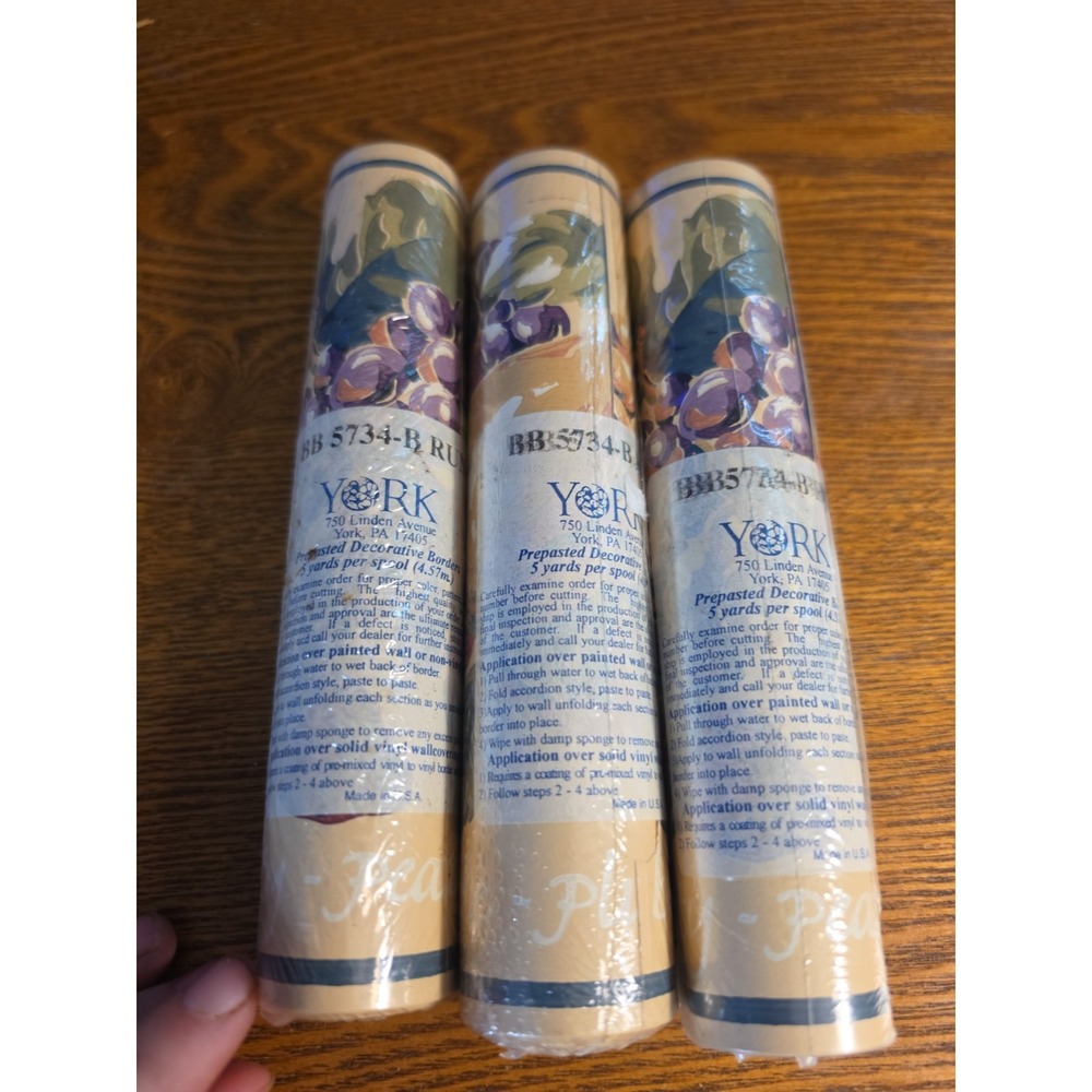 Vintage York Pre Pasted Wallpaper BORDER  3 Rolls FRUITS 5yd/roll NOS
